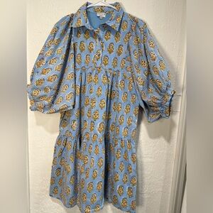 SAULE Parc women blue-floral mini  dress puffy sleeve  size M  100%cotton